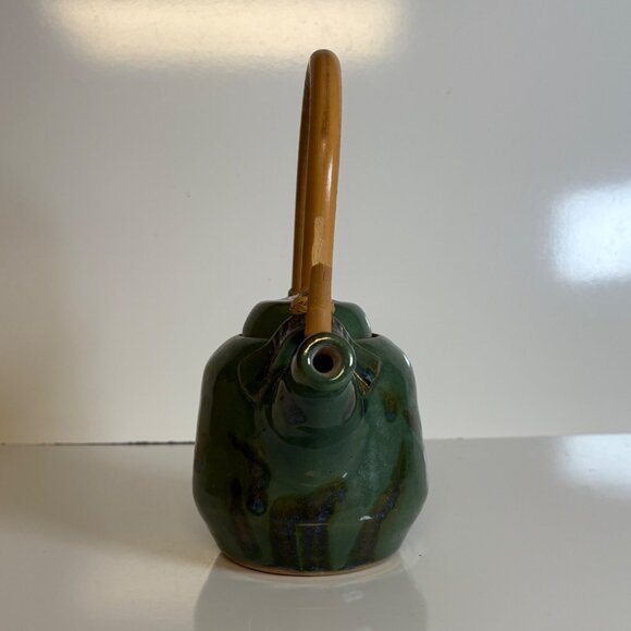 Handcrafted Green Pottery Teapot Rattan Handle Artisan-Made Signed - Picture 4 of 9